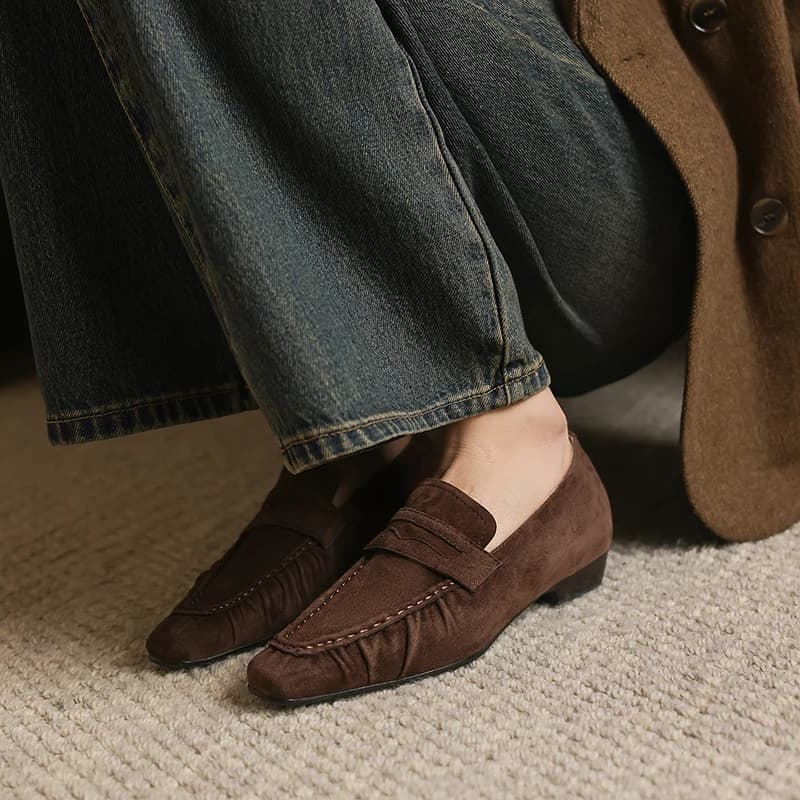 Women's Shoes in Real Leather Springs, Fashion with Square Toe Plissettata, Heel Thickness, Women's Moccassini, Zapatos Mujer, Low Heel