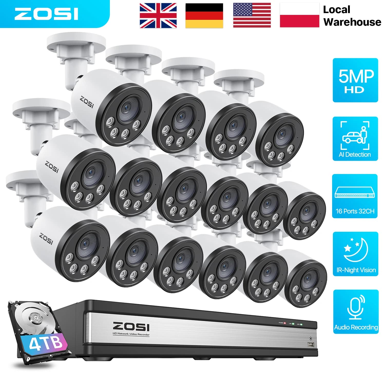 Sistema di videosorveglianza CCTV ZOSI 5MP 16CH PoE con telecamere IP di sicurezza PoE per visione notturna esterna Audio da 4TB per la registrazione del 24/7