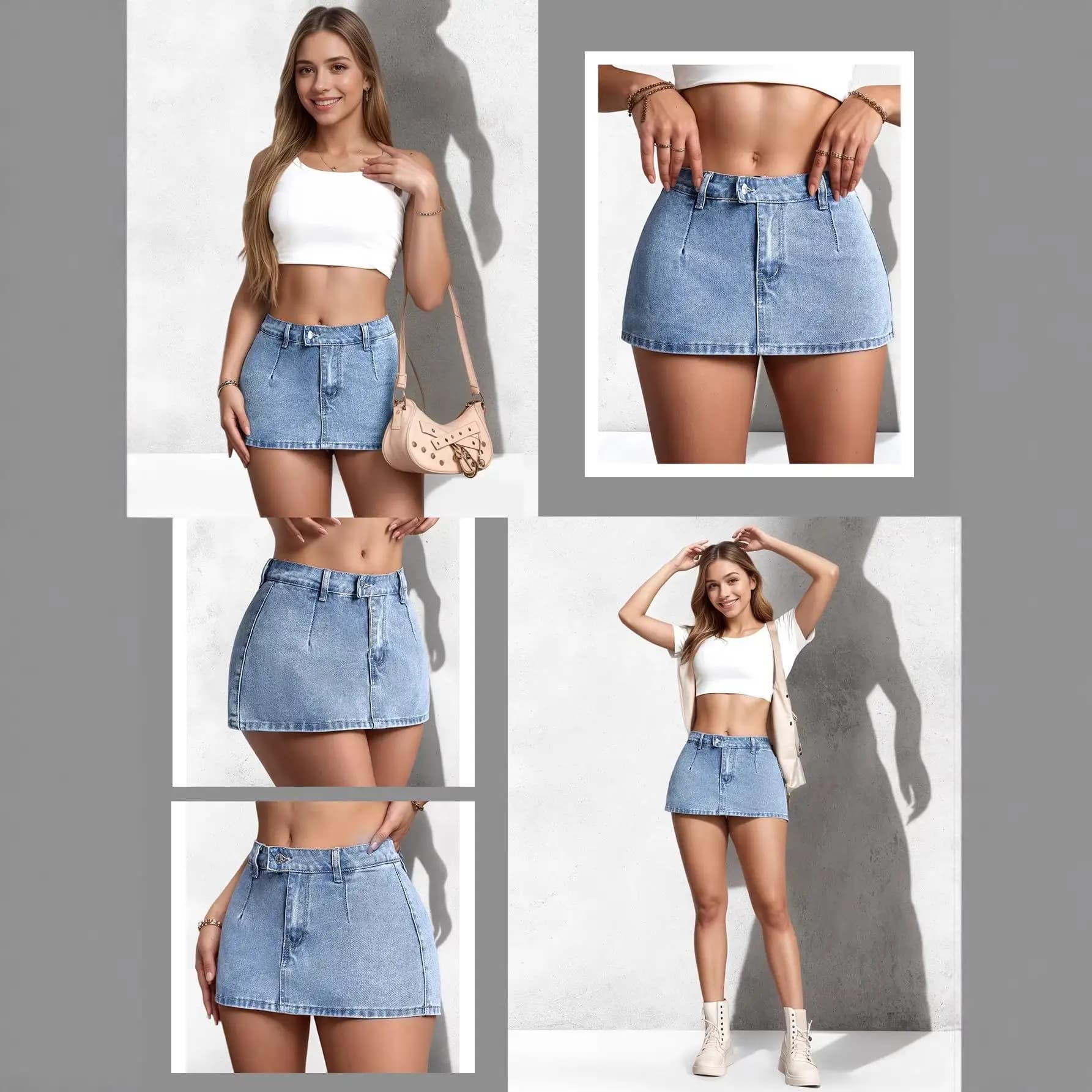 Retro Distressed Denim Skirt for Women with Padded Fashionable All-Match mid Waist PVC Casual Embroidery Batwing Type