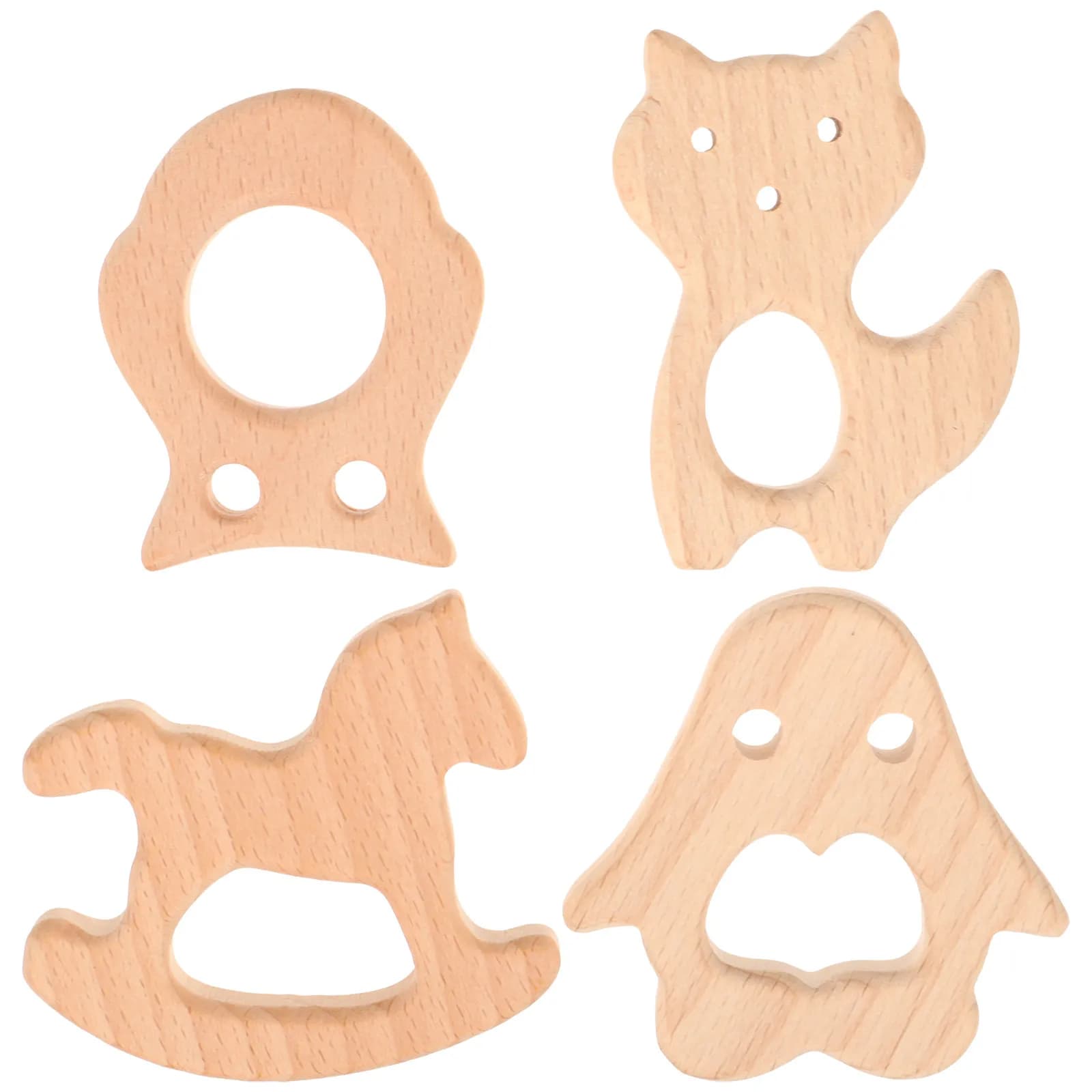 4 Pezzi Massaggiagengive in Legno Naturale a Forma di Animale, Sicuri per Neonati, Regalo per lo Sviluppo e la Stimolazione Cerebrale dei Bambini