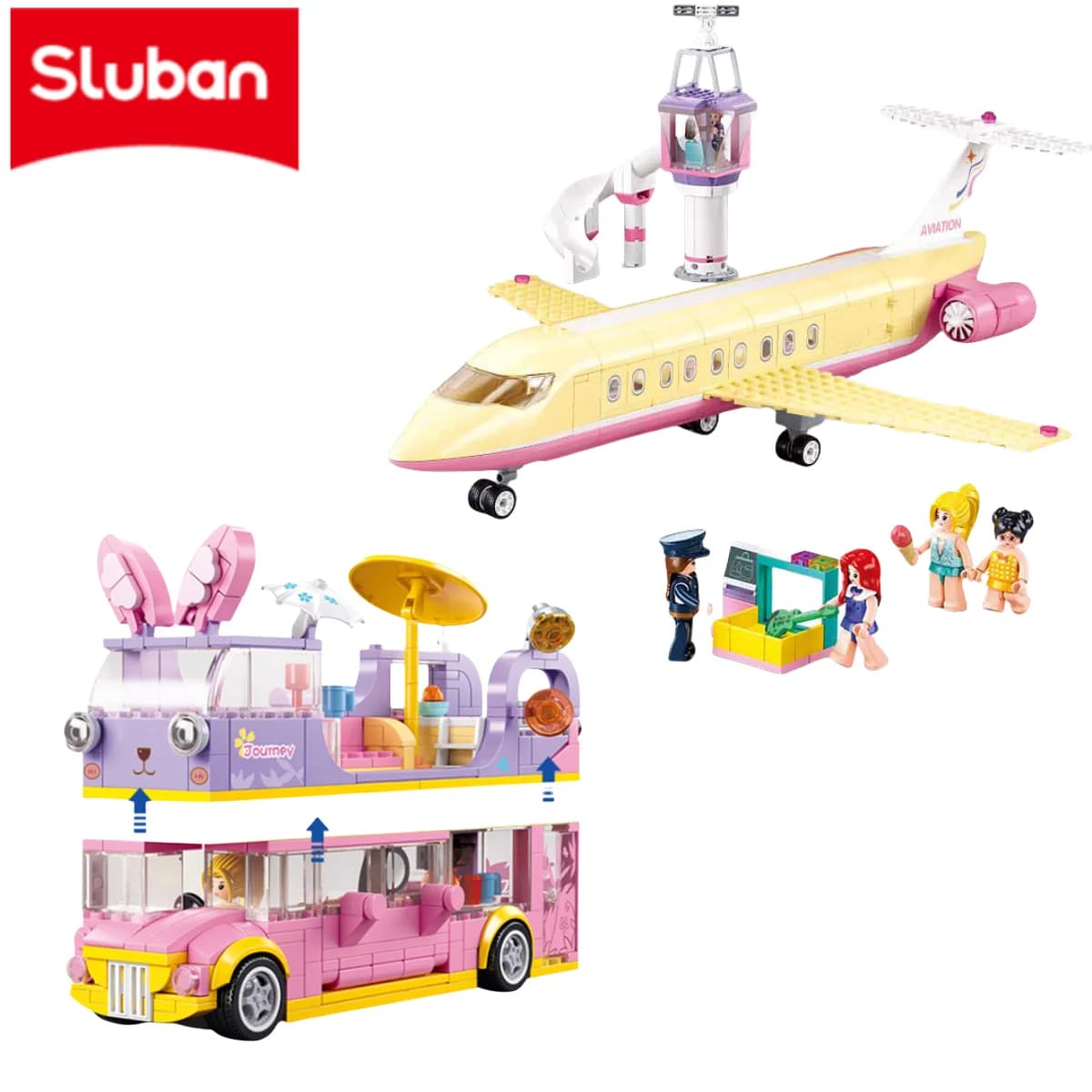 Set di blocchi di costruzione della città Sluban Giocattolo educativo di mattoni modello da sogno rosa con autobus di coniglio, auto e aereo natalizio per ragazze