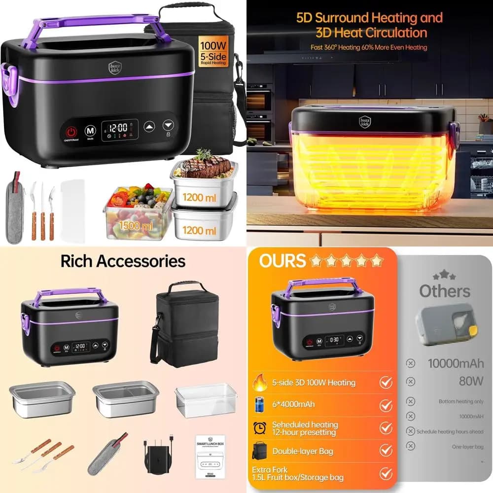 Lunch Box riscaldato elettrico senza fili, tecnologia di calore surround 5D aggiornata 2025, batteria 6x4000 mAh, riscaldamento 100 W, 220 ° F Max, 2x1,2L BPA-