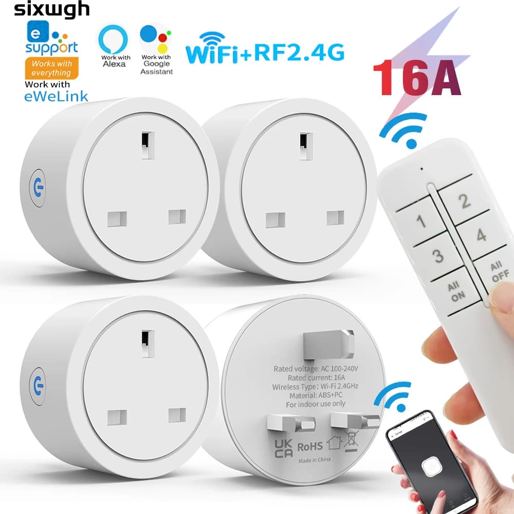 Smart WiFi socket with UK plug, wireless remote control, eWeLink app control, timer and countdown, compatible with Alexa and Google Home