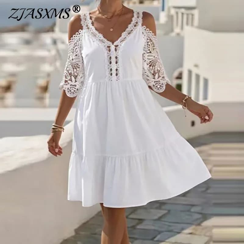 Vintage Solid Hollow Crochet Lace Sling Dress Women Frill Trim V Neck Half Sleeve Ruffle Mini Dress Summer Travel Casual Dresses