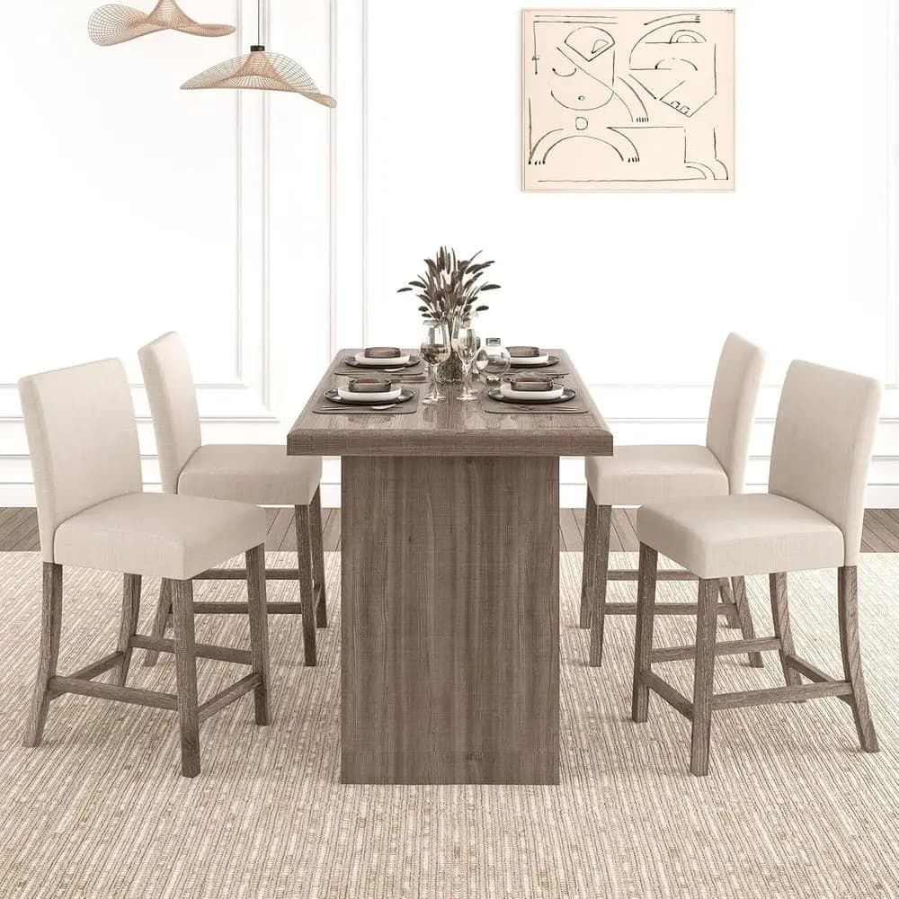 Set di 4 sedie alte da 24,5 pollici, imbottite beige, con gambe in legno di gomma, per cucina, sala da pranzo e bar