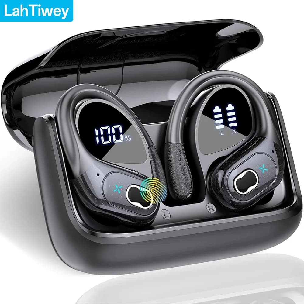 Auricolari wireless sportivi Bluetooth 5.4 TWS Cuffie wireless Auricolari impermeabili con gancio per l'orecchio con microfono con cancellazione del rumore dei bassi profondi