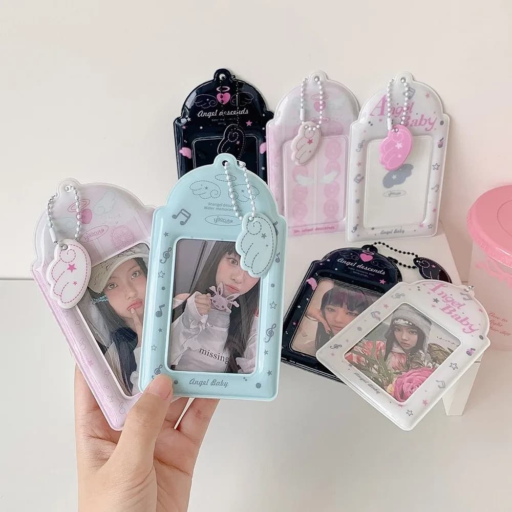 PVC Photocard Holder Keychain Cartoon Angel Wings ID Badge Holder Student Girls Idol Card Display DIY Backpack Hanging Decor