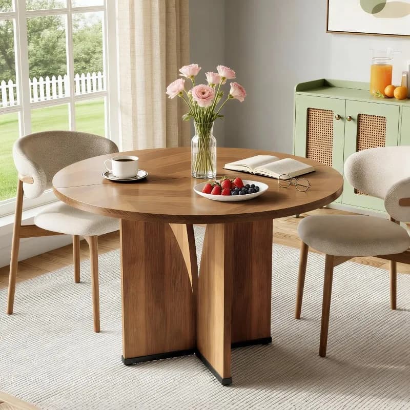 Round Dining Table, Modern Walnut Wood Circular Table with Double Curved Legs, Height Dinner Table for 4 People