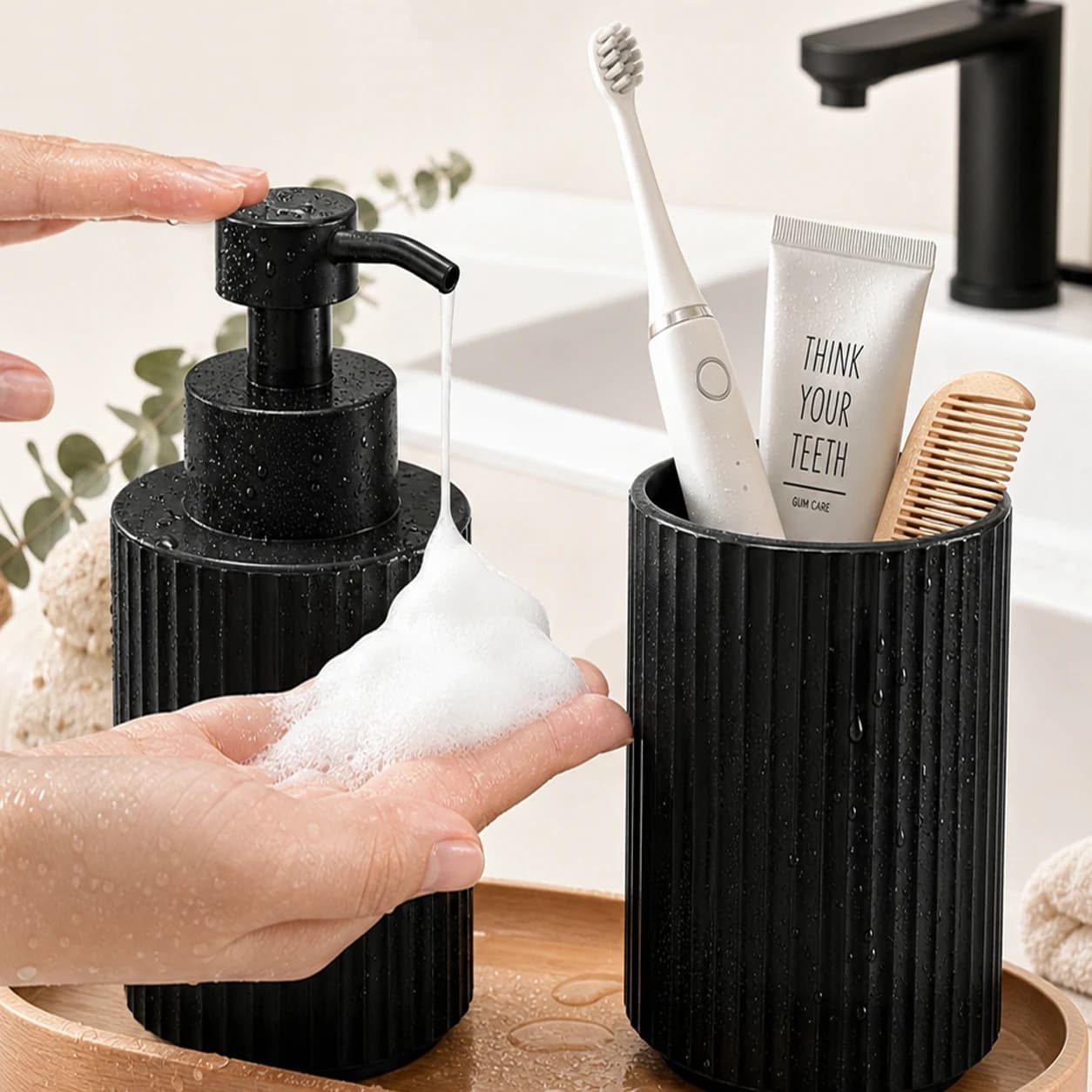 Bathroom Vanity Soap Dispenser and Toothbrush Holder Set, Refillable Foam Soap and Toiletries Storage Supplies for Home Decor
