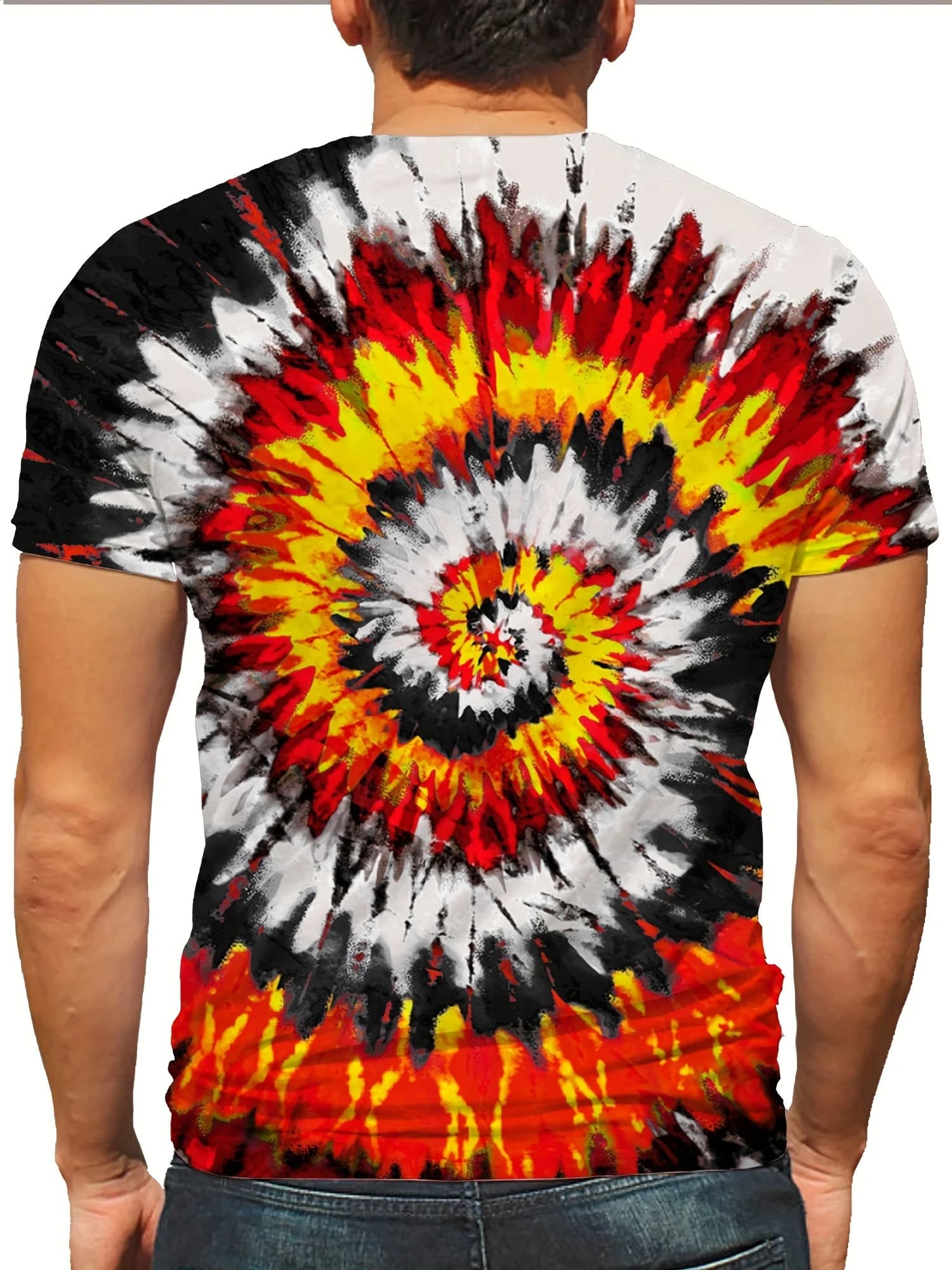 T-shirt da uomo con stampa 3D tie-dye vibrante - Motivo a spirale rosso, giallo e nero, manica corta, girocollo, poliestere leggero