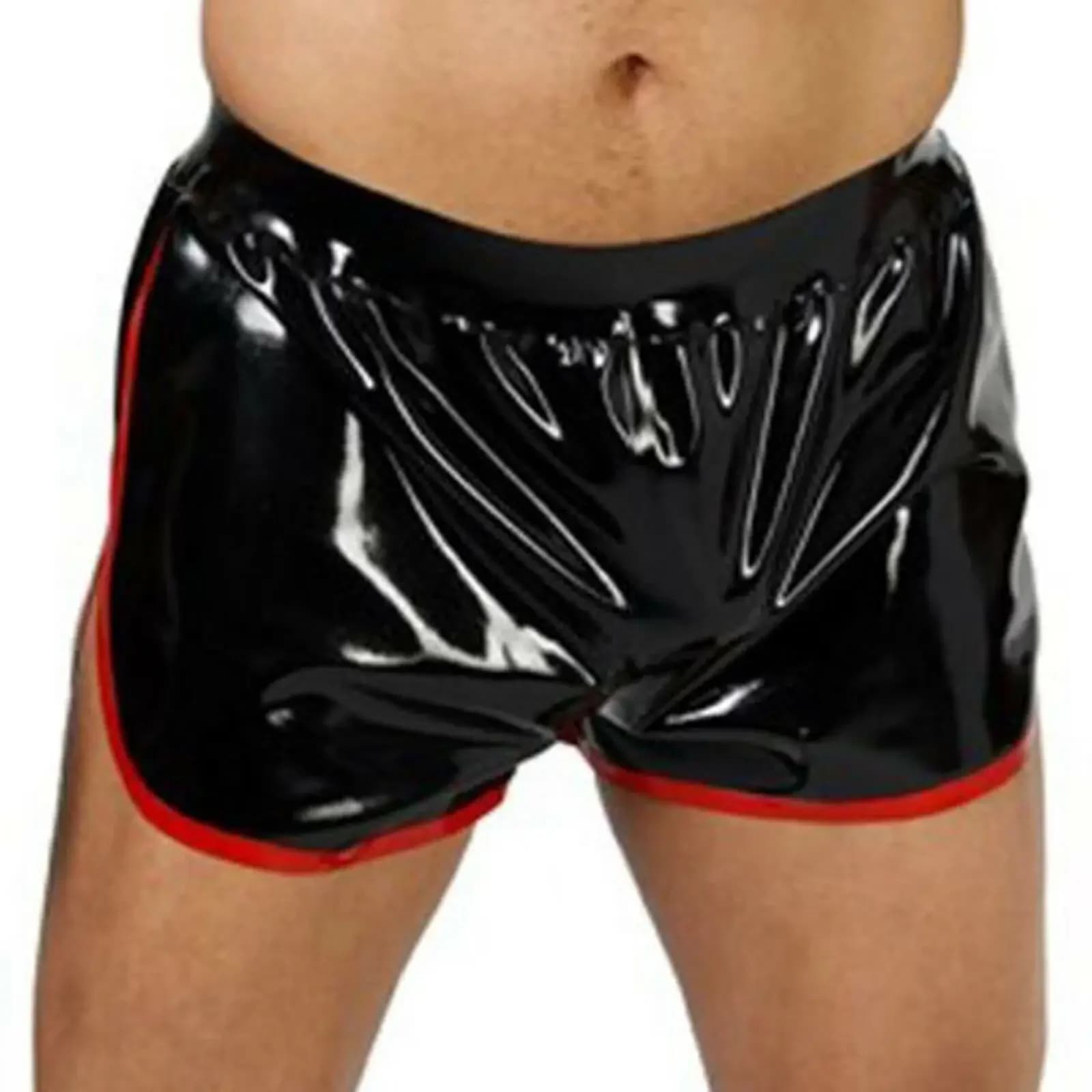 Pantaloncini sexy da uomo in lattice di gomma Boxer attillati sui fianchi neri e rossi taglia S-XXL
