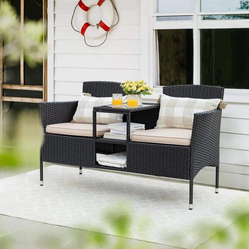 Exterior sofa in 2-seater with integrated table and cushions, Rattan bench for Balcony, Garden, Courtyard