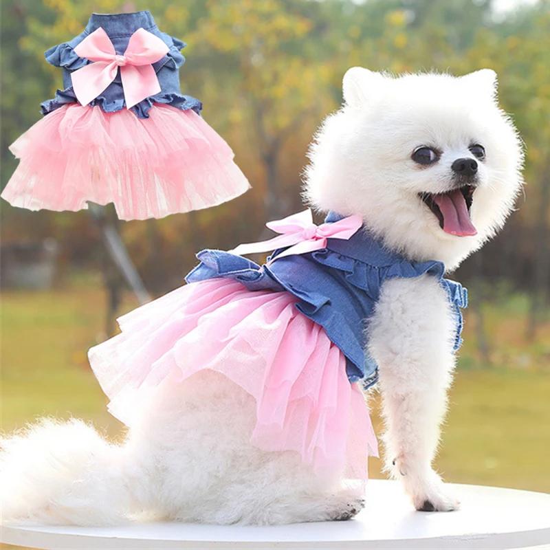 Vestiti estivi per cuccioli Abiti in denim per animali domestici per cani di piccola taglia Pomerania Chihuahua Cane Gattino Gonna Abito da principessa Abbigliamento rosa per ragazze