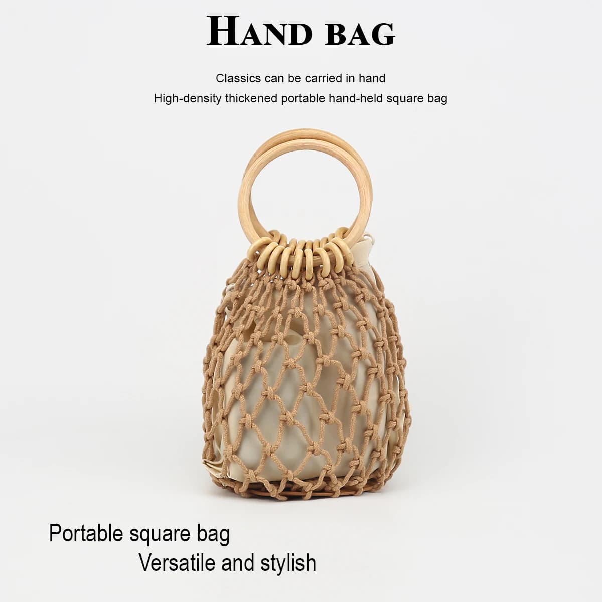 Borsa in paglia intrecciata traforata traspirante, borsa da spiaggia estiva fresca per donna, borsa con manico rotondo in legno, elegante e comoda da tenere in mano, borsa da polso, alla moda e versatile, adatta per le gite in spiaggia, include una tasca interna con chiusura a coulisse
