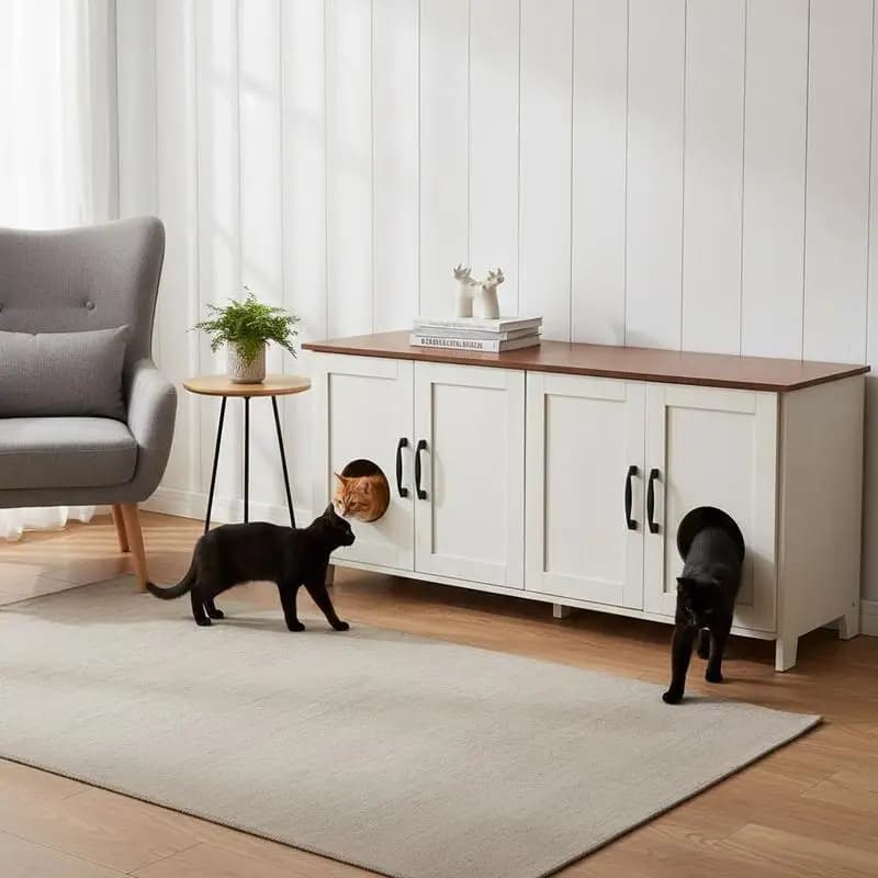 Hidden Cat Washroom Furniture 47.2 inch For Living Room Bedroom Entryway, Wood Cabinet Dual Entry 4 Doors Brown White Houses Most Litter Boxes