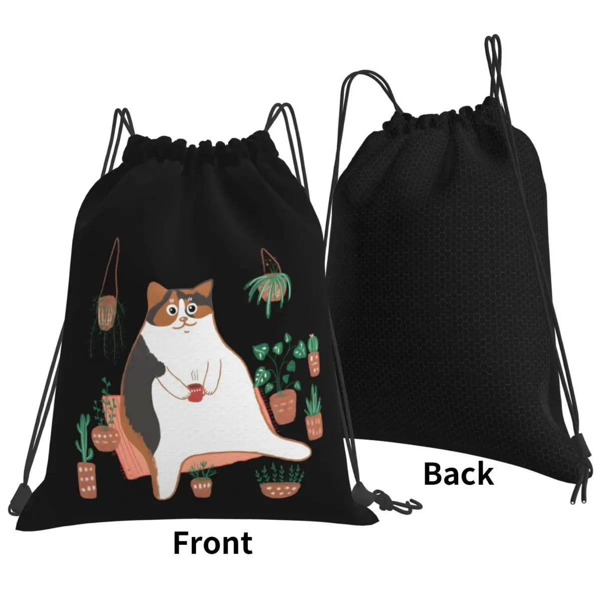 Zaini con gatto calico e piante in vaso, per mamma, borse alla moda con coulisse, borse portaoggetti, borse porta libri per uomo, donna, scuola