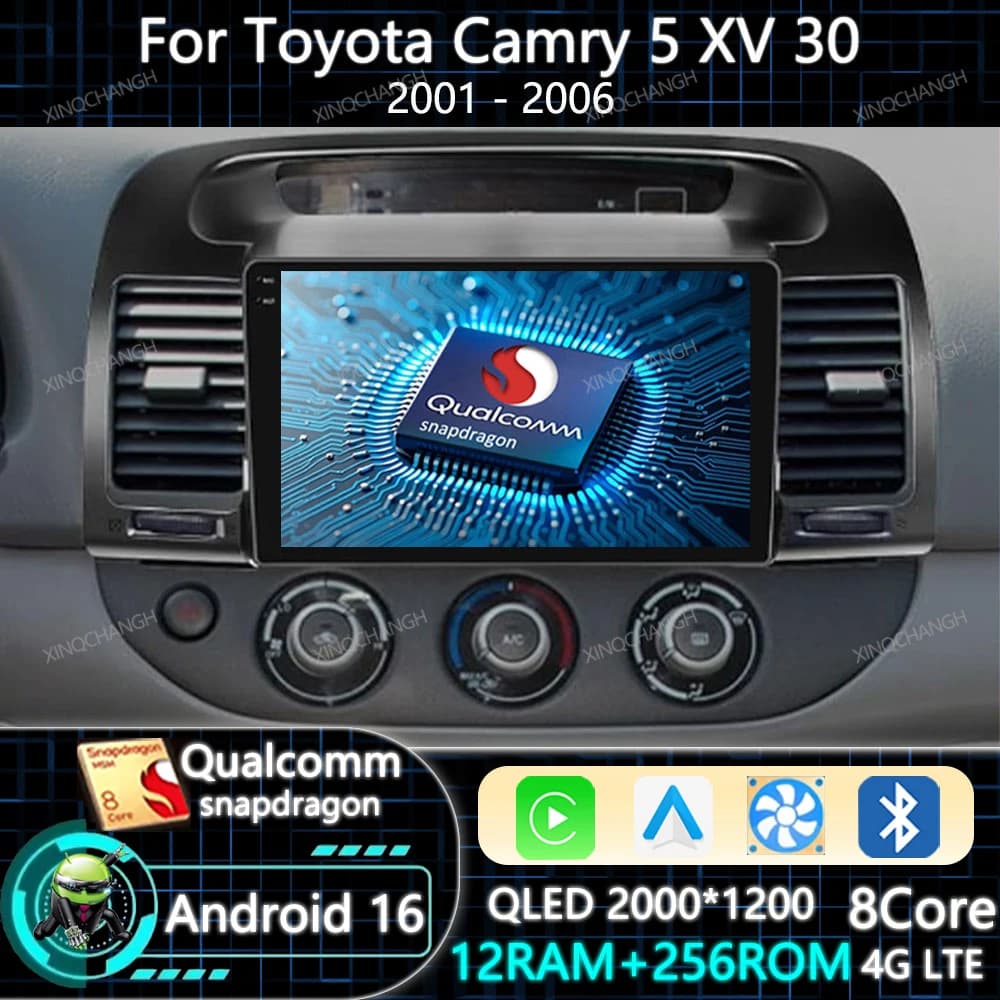 Android 16 Car Radio Carplay Auto For Toyota Camry 5 XV 30 2001 - 2006 Qualcomm GPS 4G LTE 5G WIFI QLED Navigation Head Unit BT