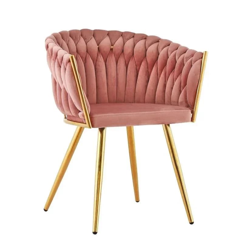 Sedia da Pranzo di Lusso con Gambe Dorate, Rivestimento in Velluto Intrecciato, Braccioli Imbottiti e Base in Metallo Dorato
