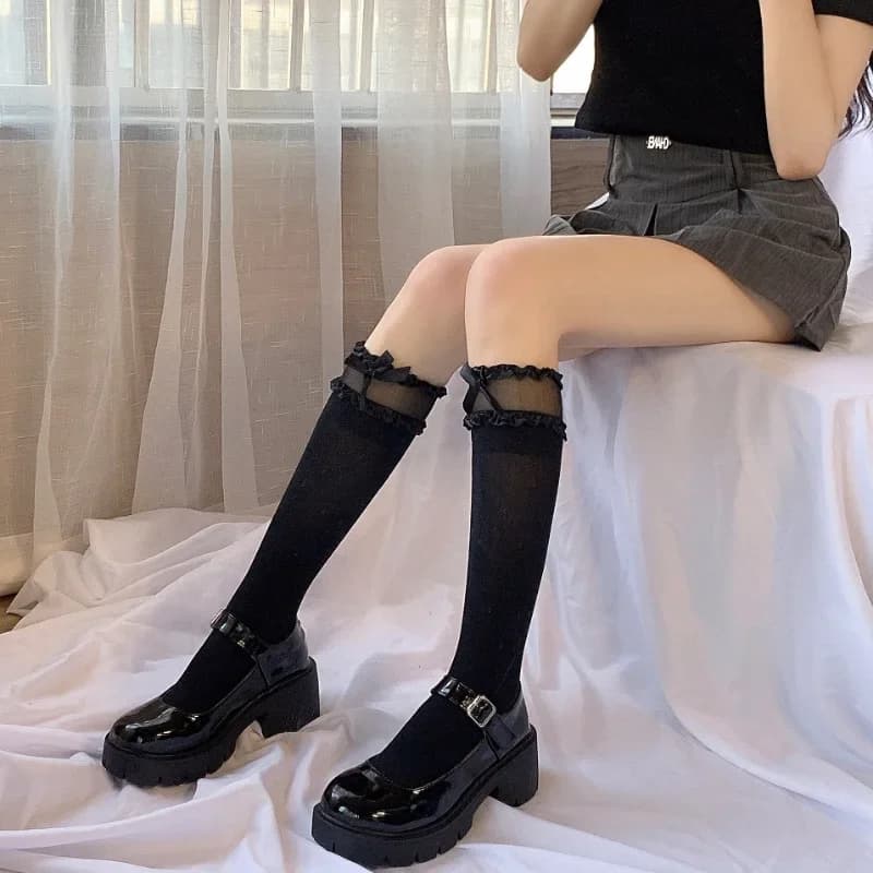 Calze Lunghe Nere e Bianche da Donna con Fiocco in Pizzo Stile Giapponese Ultra-sottili, Calze Lolita in Pizzo, Calze al Ginocchio e Oltre il Ginocchio