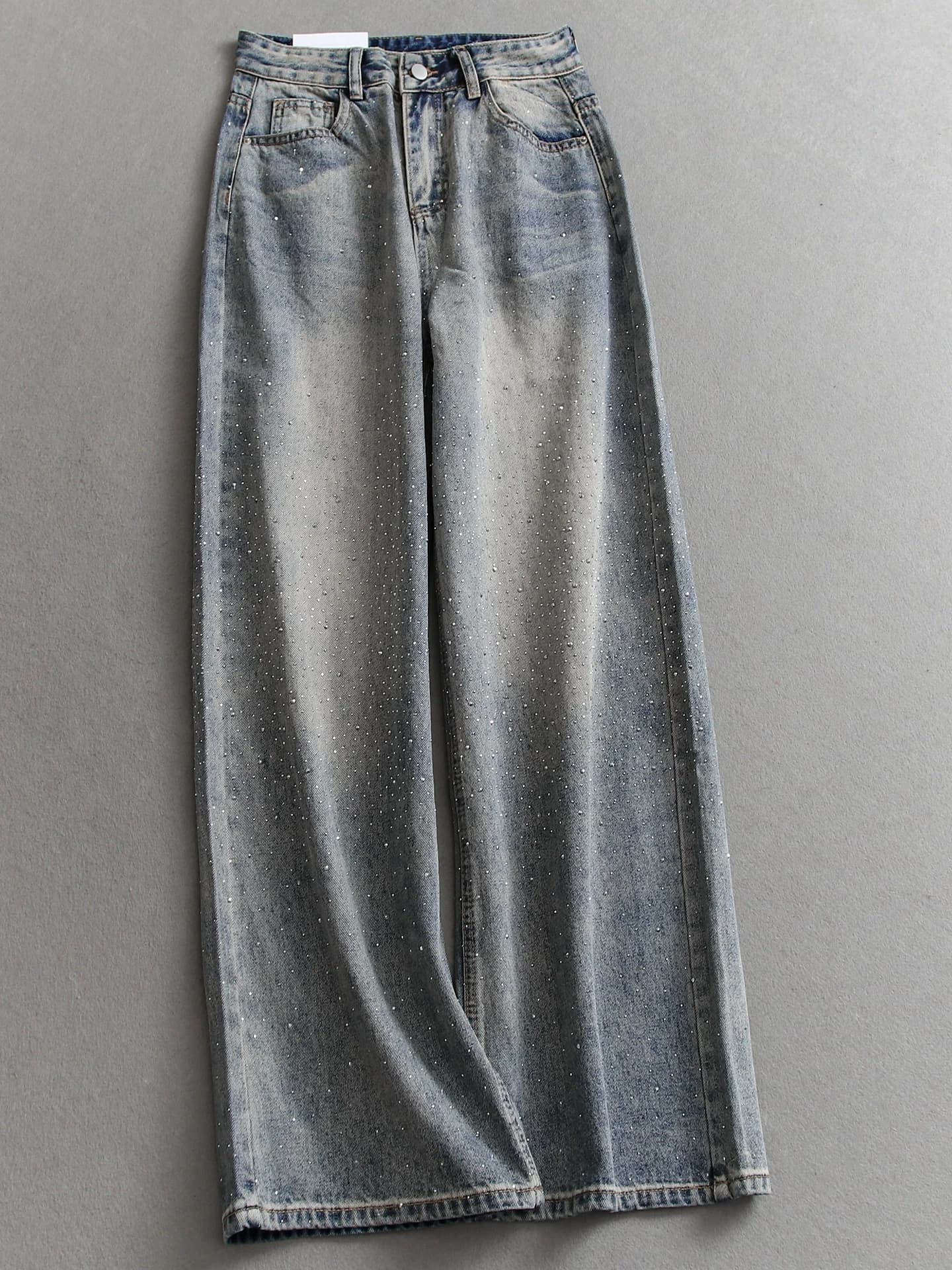 Retro Blue Heavy Duty Rhinestone High Waist Slimming Loose Wide Leg Straight Cut Jeans Floor Length Women's Pants W057