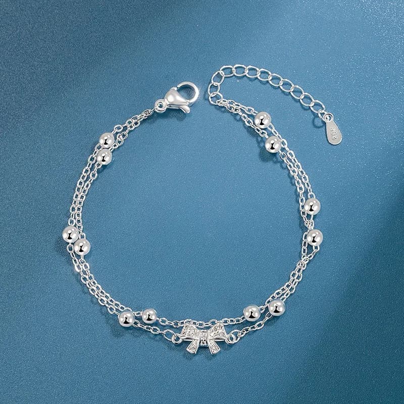Romantic Bow Pendant Double Layer Bracelet for Women 925 Sterling Silver Mini Beads Link Bracelet Elegant Daily Wear Jewelry
