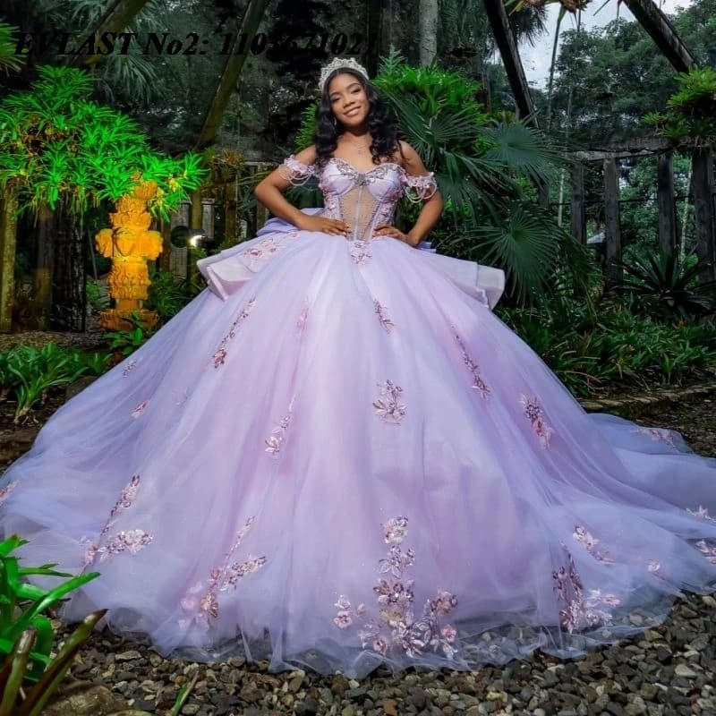 EVLAST Personalizzato Lilla Scintillante Abito Quinceanera Off Spalla 3D Applique Floreale Che Borda Arco Dolce 16 Abiti 15 Anos E2QA183