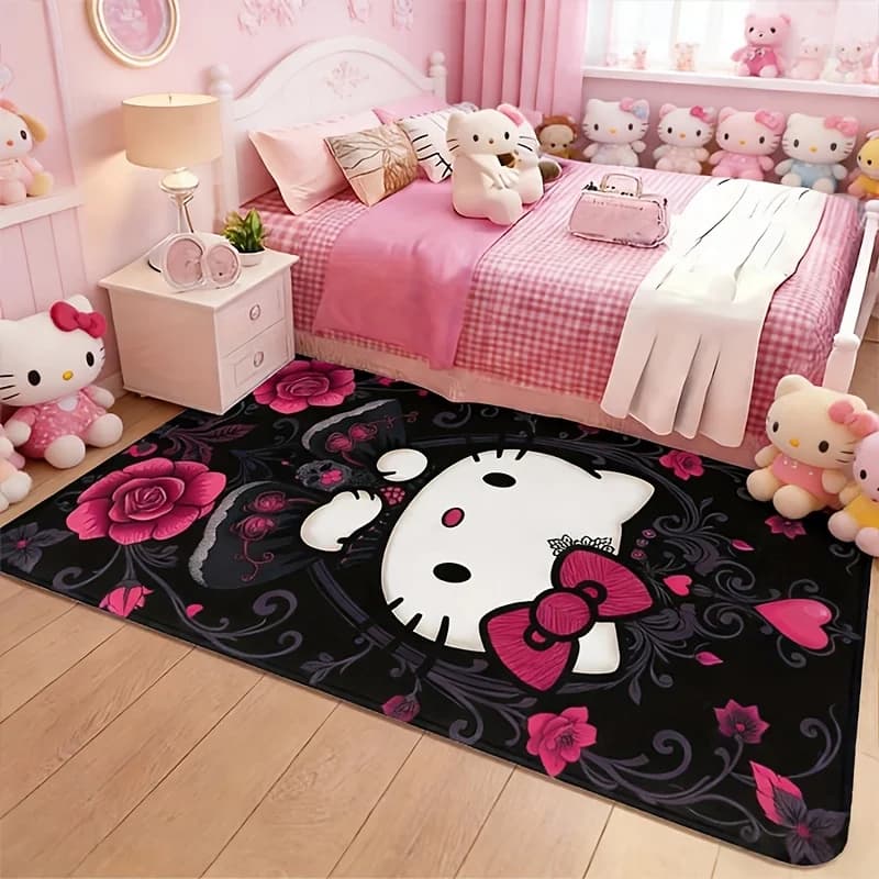 1 tappeto in peluche Sanrio Hello Kitty - Lavabile, tappetino in stile cartone animato adatto per l'arredamento di camera da letto e soggiorno, con dettagli rosa R