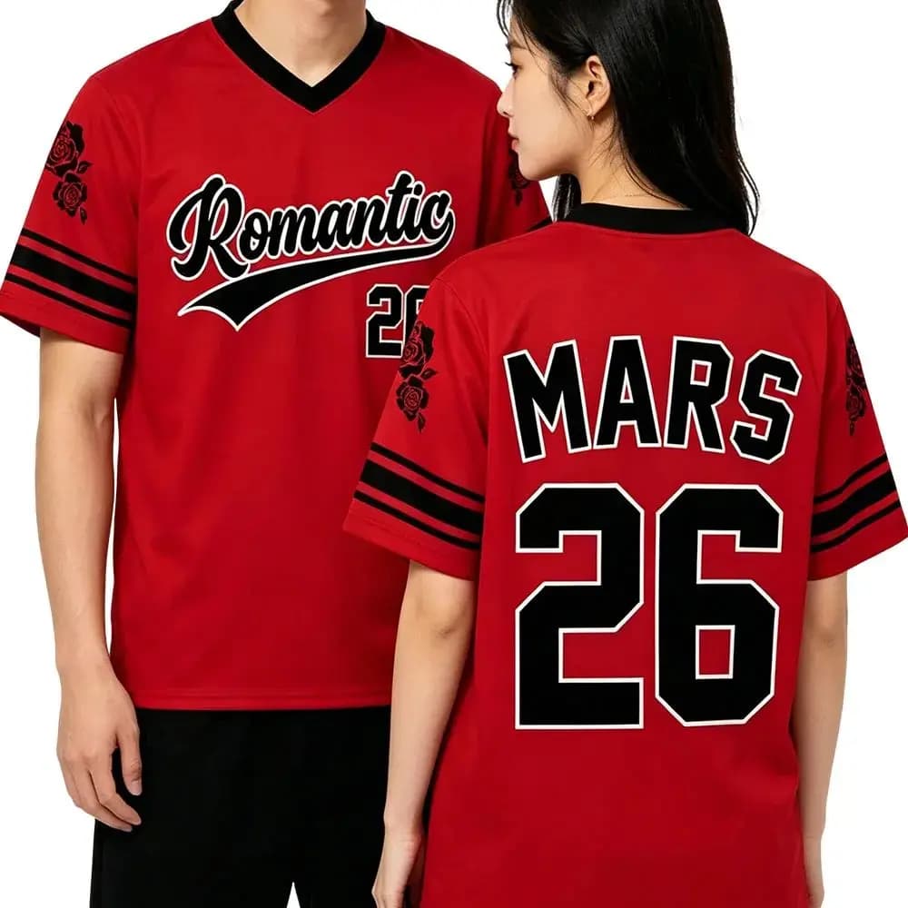 THE ROMANTIC TOUR 2026 Jersey BRUNO MARS Print Football Tee V-neck Short Sleeve Summer Men T-shirt Casual Unisex Breathable Top