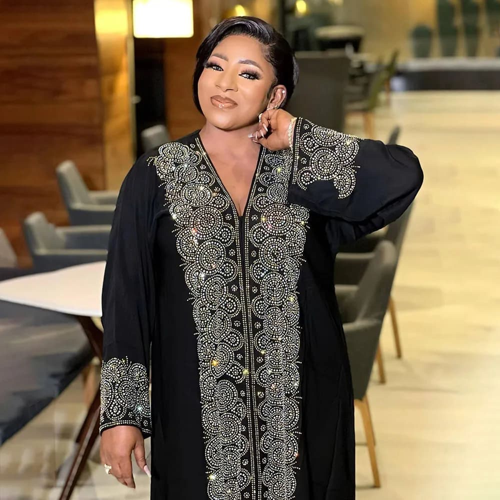 Women's Dress African Luxury Dress Fashion Long Sleeved V-neck with Diamonds