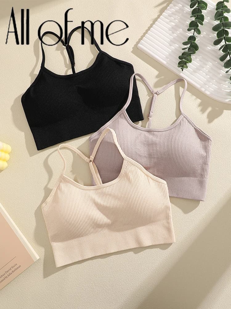 Women Ribbed Seamless Sports Bra Y-Back Thin Strap Adjustable Padded Yoga Crop Top High Elastic Workout Fitness Running Bralette