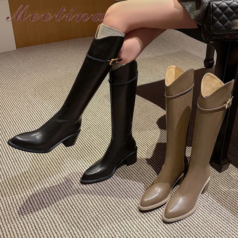 Meotina Women's Genuine Knee Boots Pointed Toe High Heels Hinge Buckle Long Western Boots Women's Winter Shoes