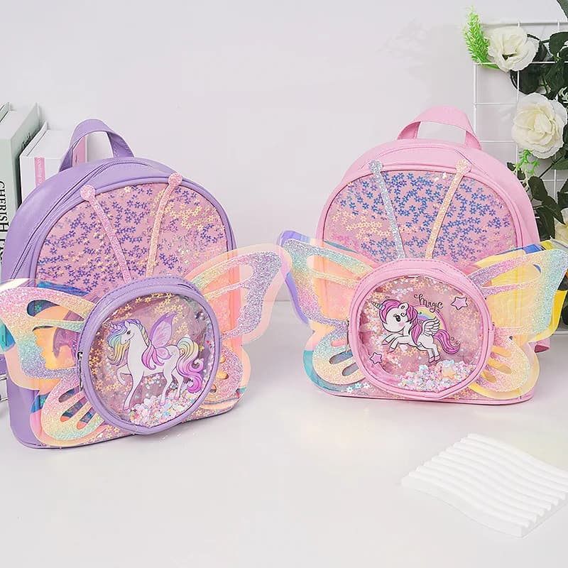 Cute Kids Unicorn Backpack Iridescent Butterfly Wing Sequin Transparent Glitter Toddler Cartoon School Bag Daily Travel Shoulder