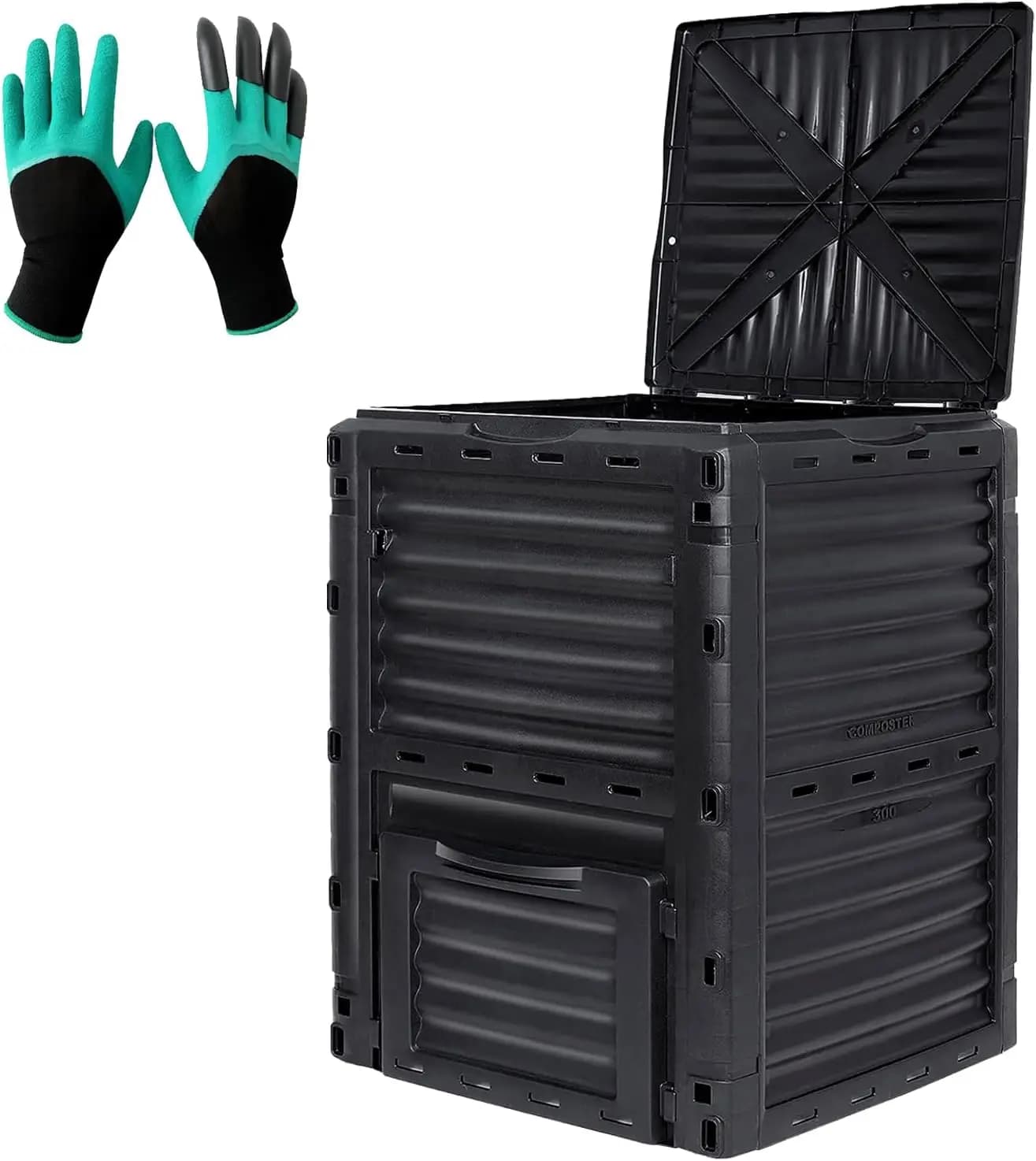 Compostiera da Esterno da 300L (80 Galloni) con Coperchio Ribaltabile, Senza BPA, Nera, Facile da Montare