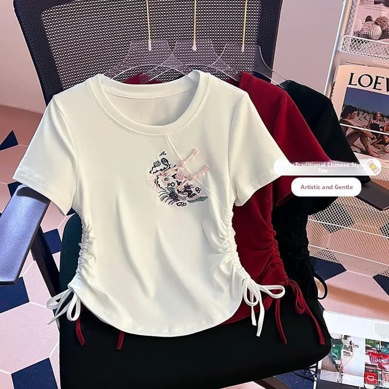 Embroidered Short Sleeve T-Shirt Women's Loose Fit Drawstring Top Summer 2024 New Style Heavy Industry National Style