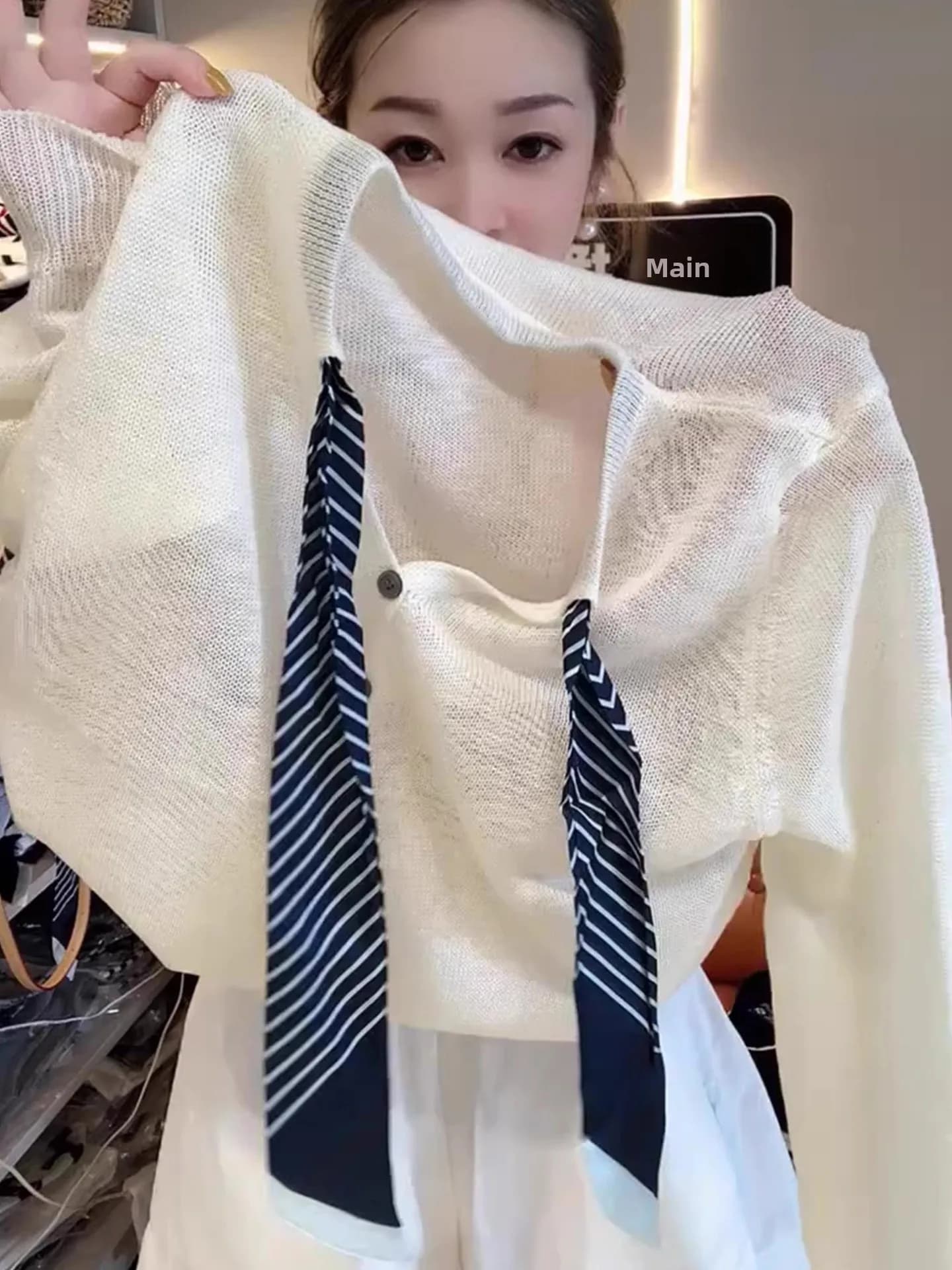 Casual Style Ice Silk V-Neck Scarf Long Sleeve Knitted Sweater Lightweight Open Cardigan Soft Versatile for Younger Looking