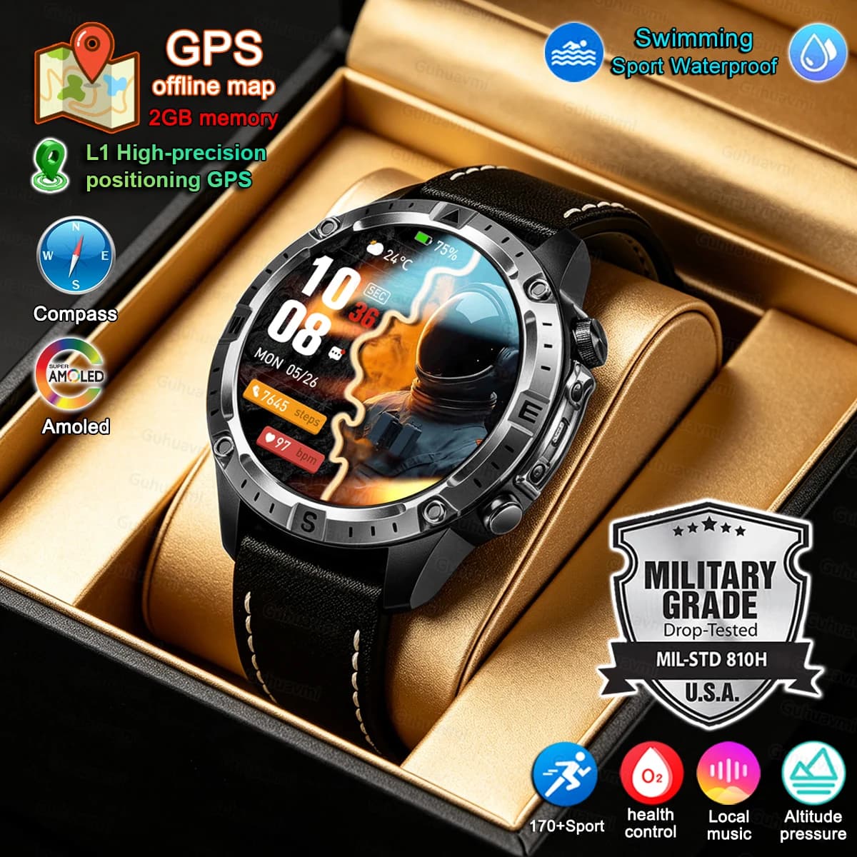 Smartwatch da uomo con GPS, tracciamento fino a 30 metri, impermeabile per il nuoto, fitness, posizionamento GPS preciso, mappa offline, 2GB di memoria.