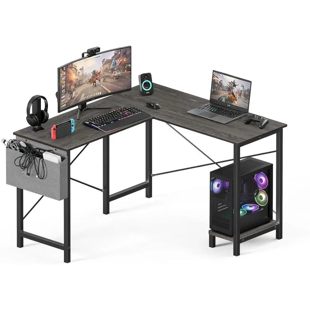 Scrivania a L da 50 Pollici, Grigia, per Ufficio e Gaming, Tavolo PC ad Angolo con Tasca Laterale e Ripiano Reversibile per Lavoro da Casa