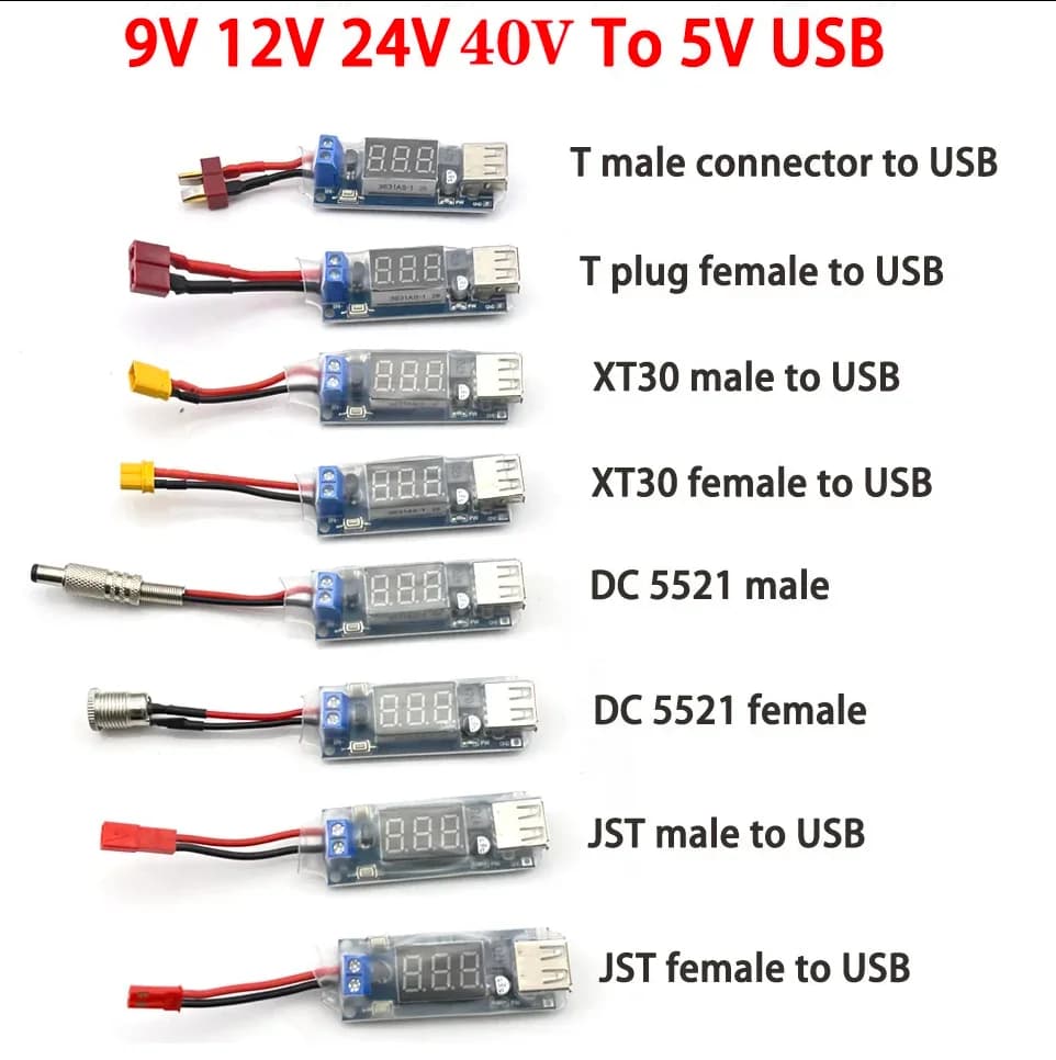 XT60 XT30 JST T plug to USB DC convertitore Buck In 5.5*2.1 5.5*2.5 9V 12V 24V 40V a 5V USB Step Down modulo di alimentazione Out USB
