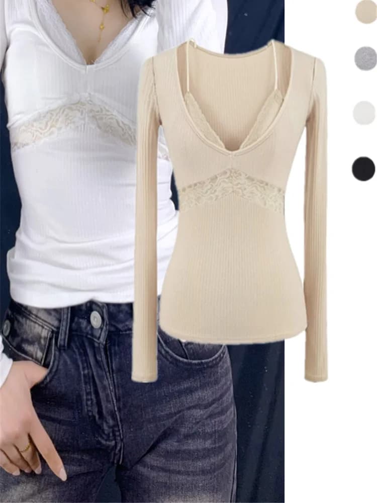 Pure Desire Sexy Long Sleeve T-Shirt Lace Hollow out Waist Cinching Women's Street Style Short V-Neck Top Slimming Effect