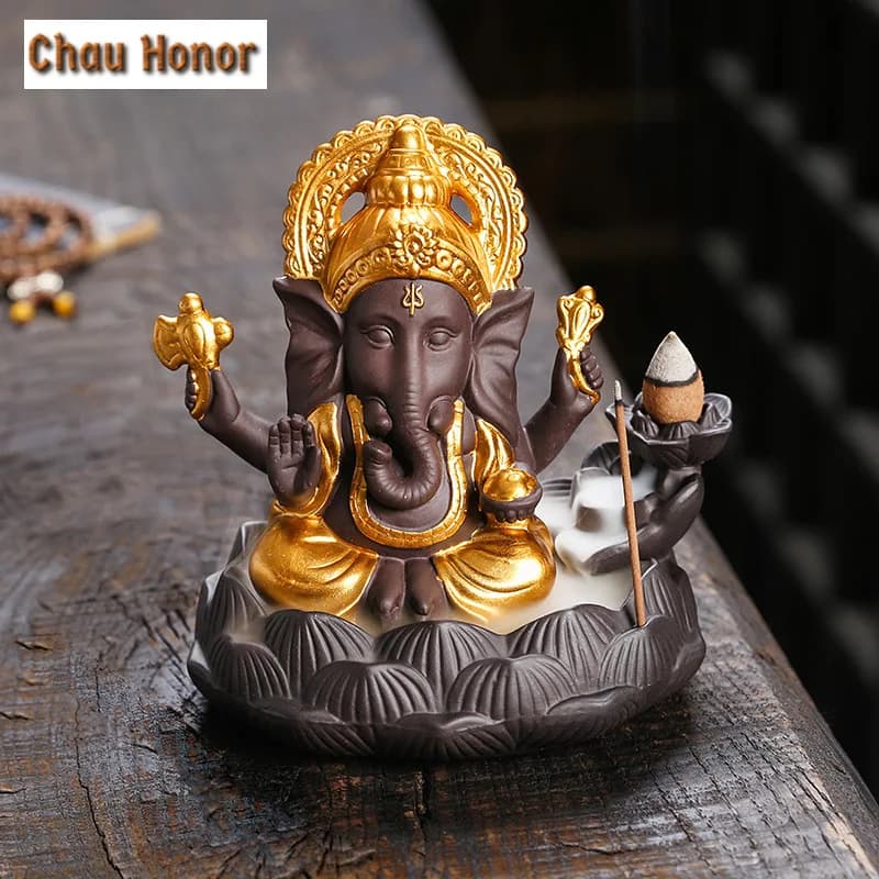 Artigianato Lucky Ganesha elefante cascata riflusso bruciatore di incenso decorazioni per la casa porta bastoncini di incenso incensiere di loto (senza incenso)