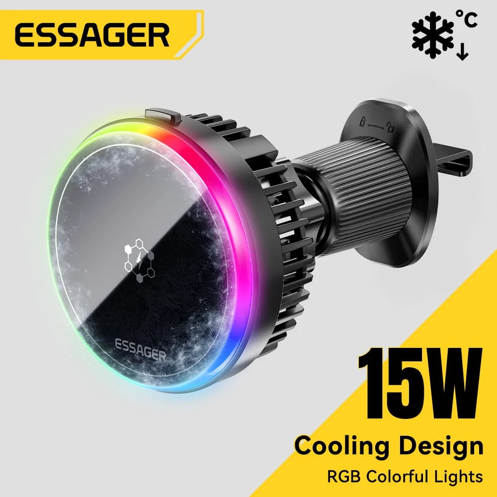 Essager 15 W Wireless Car Charger for iPhone 17 16 15 14MacSafe Magnetic Fast Charging Station with Ice Cooling with Car Phone Support