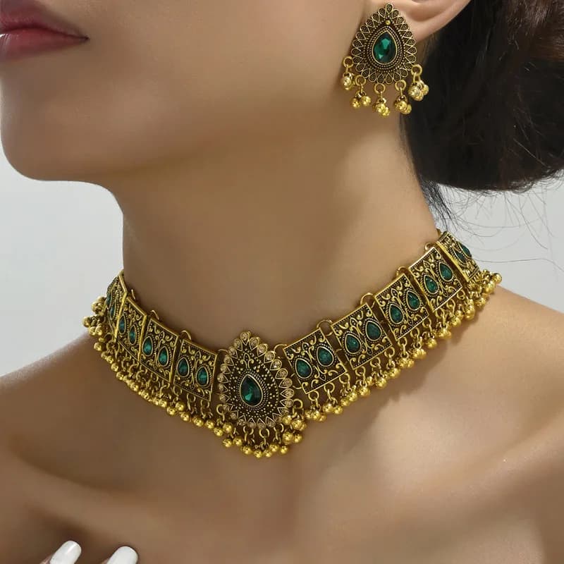 New Vintage Jewelry Set For Women Tassel Beads Pendant Jewelry Sets Colorful Stone Decoration Necklace Earrings Set For Women