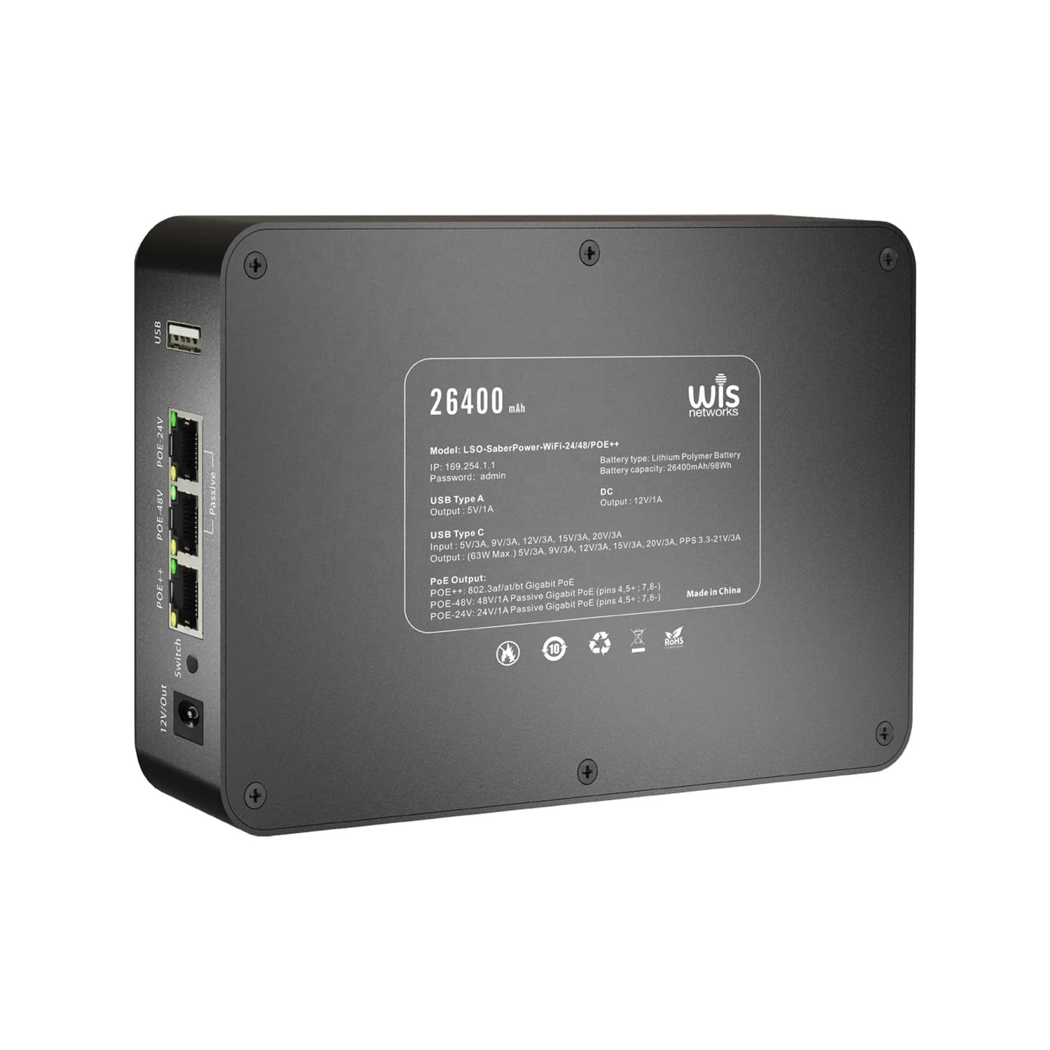 Power Bank PoE mimosa 802.3af/at/bt con Wi-Fi 24V/48V per Progetti ISP Outdoor (ubnt/mikrotik/cambium) e Indoor