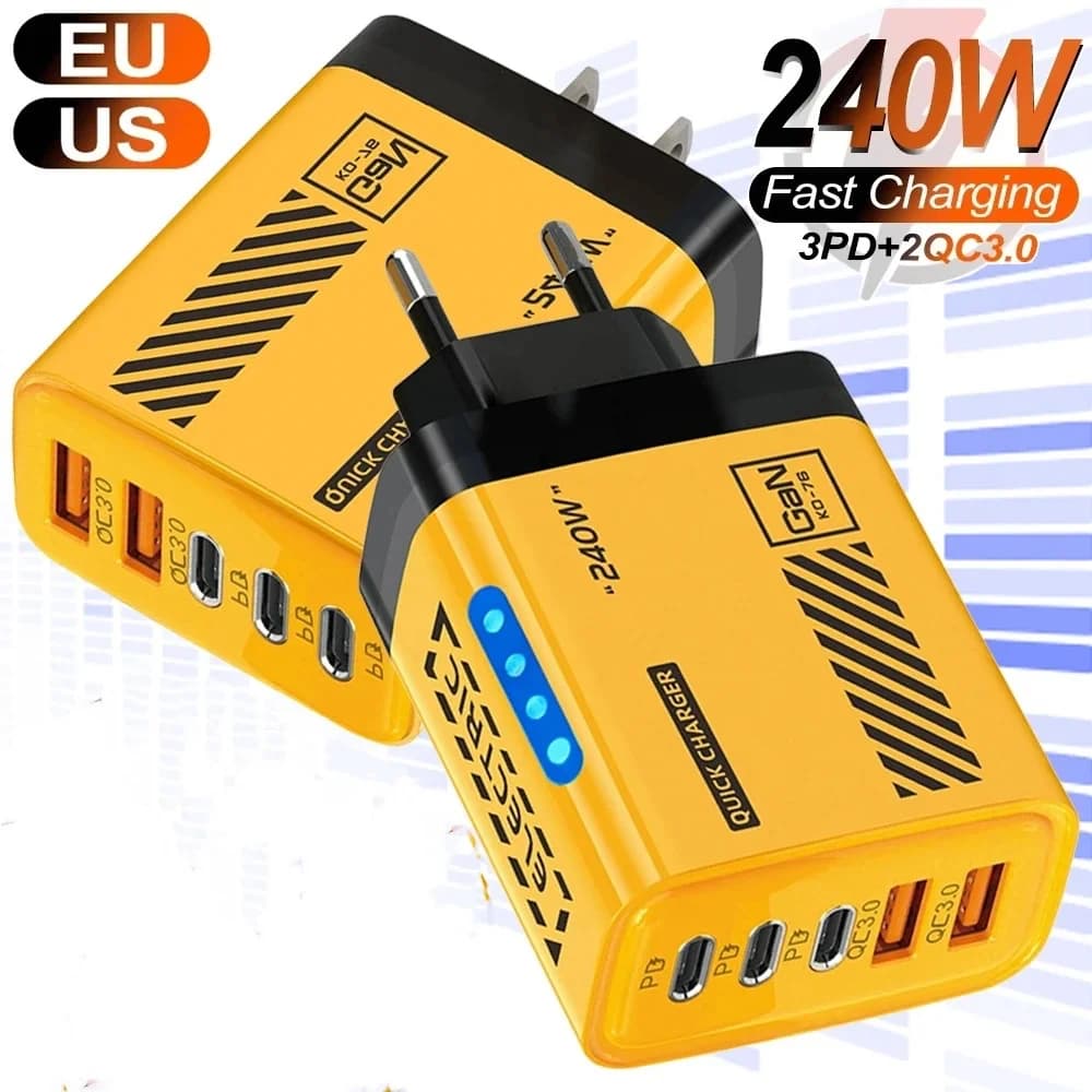 Caricatore USB Type C GaN 5 in 1 da 240W, adattatore da viaggio rapido per cellulari iPhone, Xiaomi, Samsung, Huawei, con spina EU/US/UK.