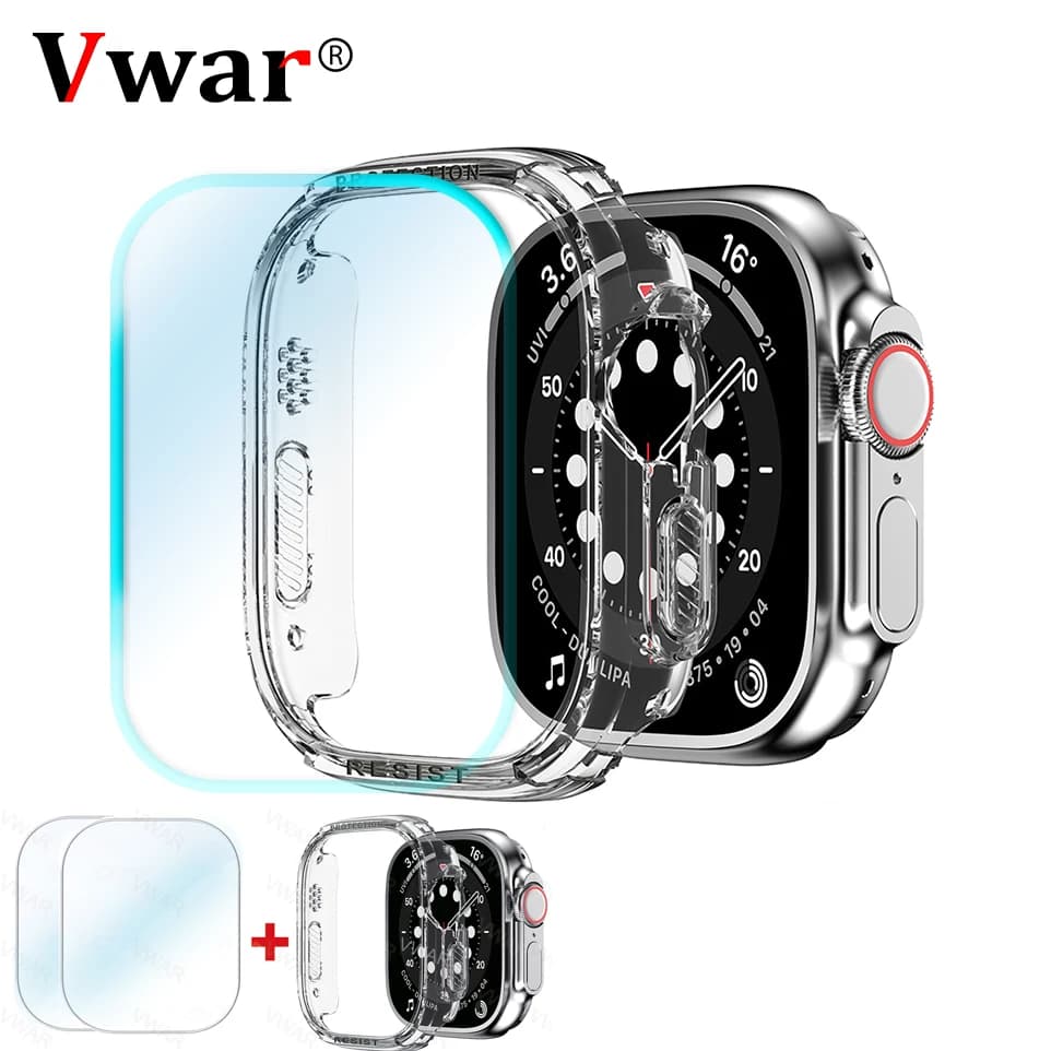 2-piece Tempered Glass Screen Protector + Protective Case for Apple Watch Ultra 49mm Accessories Hello Watch 3 Plus HK8 Pro Max