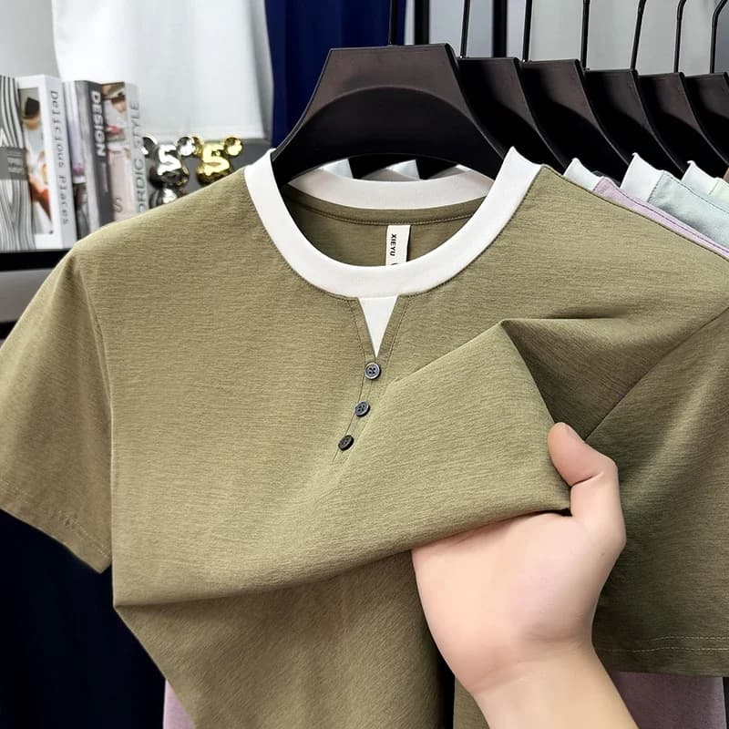 T-Shirt da Uomo a Maniche Corte con Collo Henley, Casual con Finiture a Contrasto, Morbide, Comode e Leggere per Uso Quotidiano e Streetwear