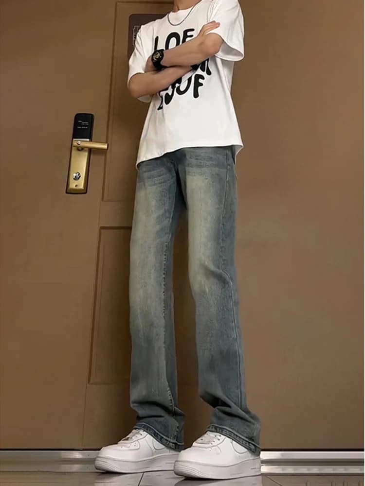 Retro Blue Men's Slim Fit High Waist Bell Bot Jeans Summer Wa adual American Vibe Long Straight Leg Denim Pants