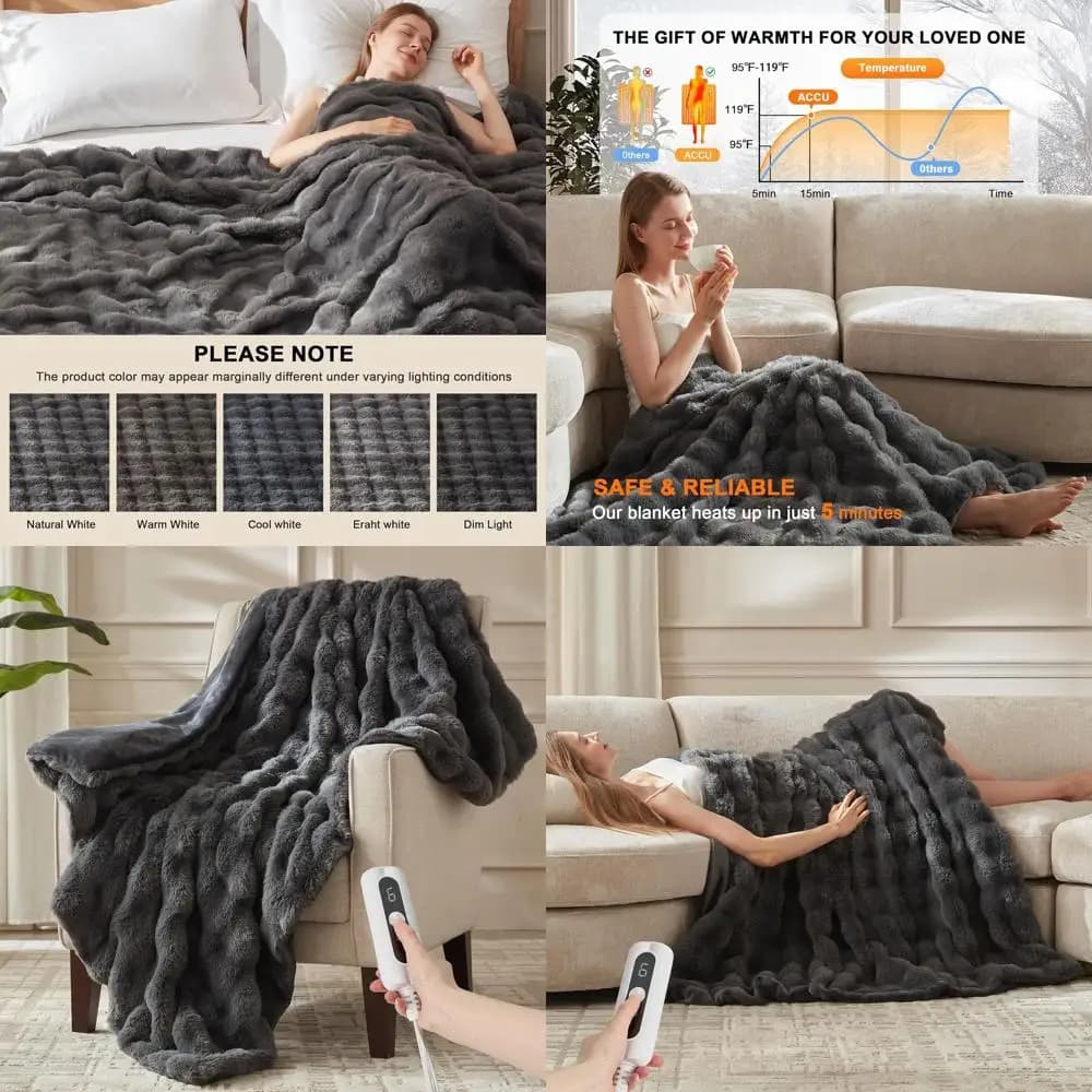 Coperta Elettrica in Finta Pelliccia Spessa, 6 Livelli di Calore, Spegnimento Automatico 4 Ore, Lavabile in Lavatrice, 50x60, Grigio Scuro