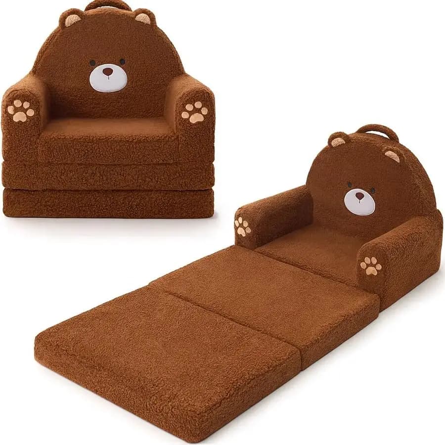 Foldable Sofa 2in1 for Children, Soft Sherpa Fabric with Washable Coating, Convertible to Chaise Longue, Children's Sofa for Games Room, Bedroom