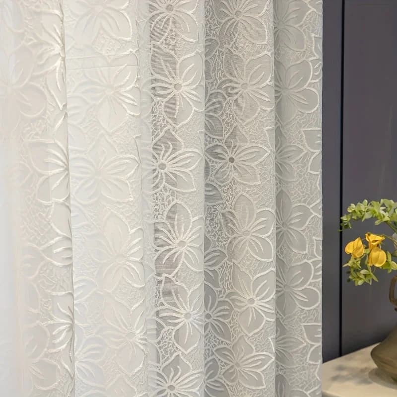 2 elegant jacquard gauze curtains with beige flowers, transparent curtains suitable for bedrooms and living rooms